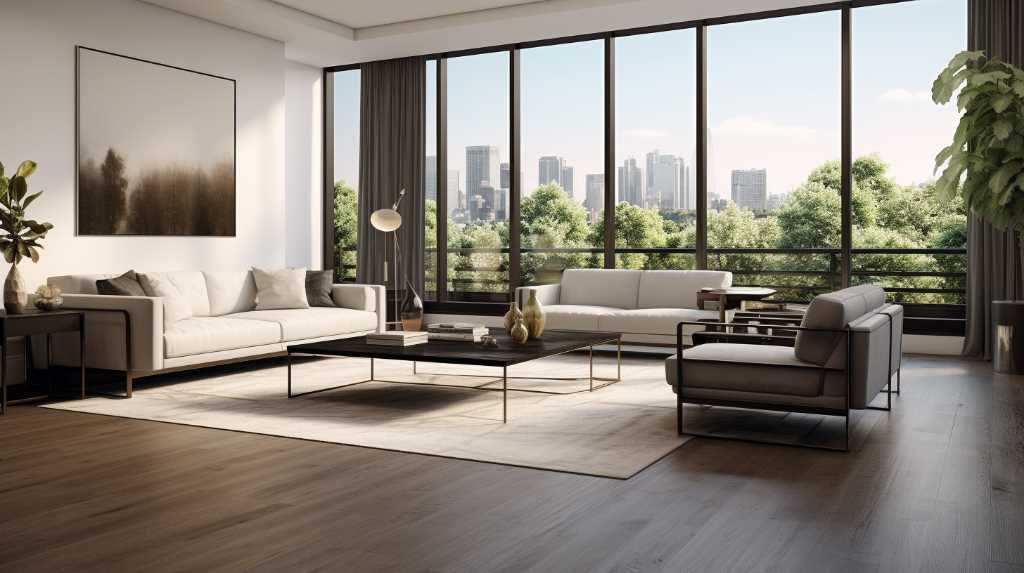 A living room with hardwood floors and a view of the city.