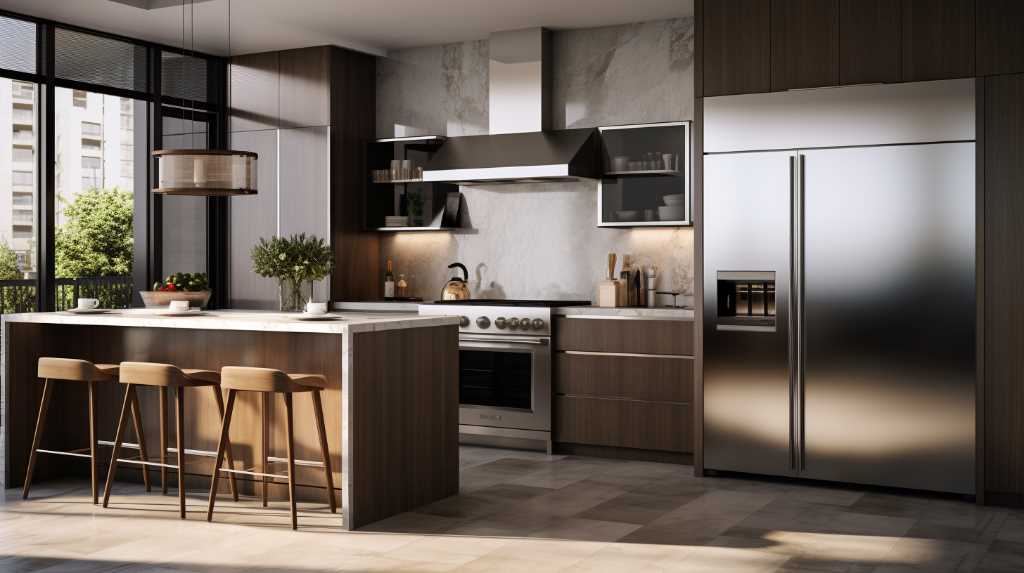 A modern kitchen with stainless steel appliances.