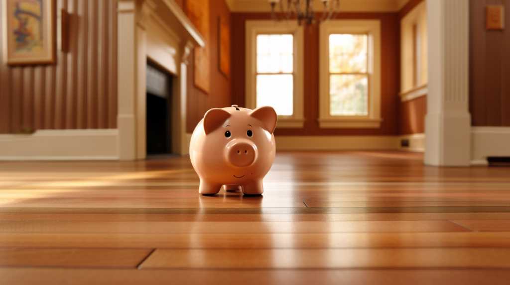 A piggy bank standing in the middle of a hardwood floor.