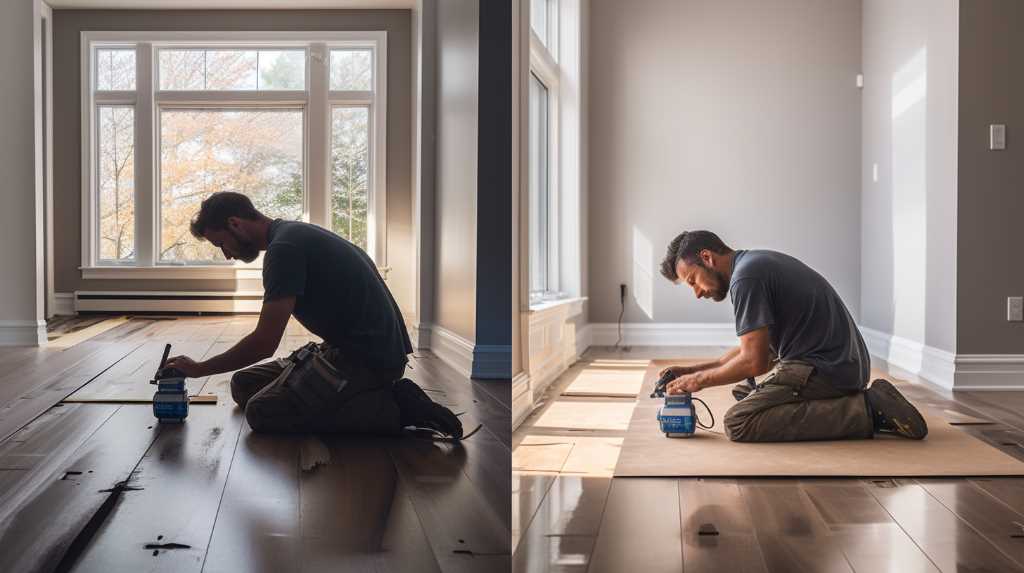 Two pictures of a man working on a hardwood floor.