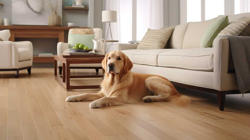 A golden retriever laying on a hardwood floor in a living room.