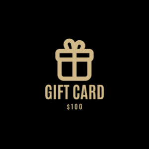 A black background features a simple beige gift box icon with a ribbon. Below it, the text reads "Gift Card $100".