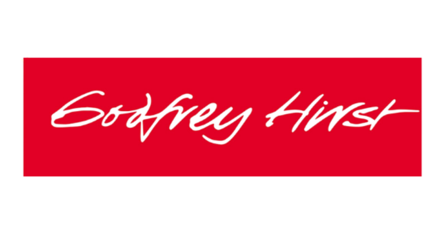 Red rectangle with the words "Godfrey Hirst" written in black cursive script across the center.