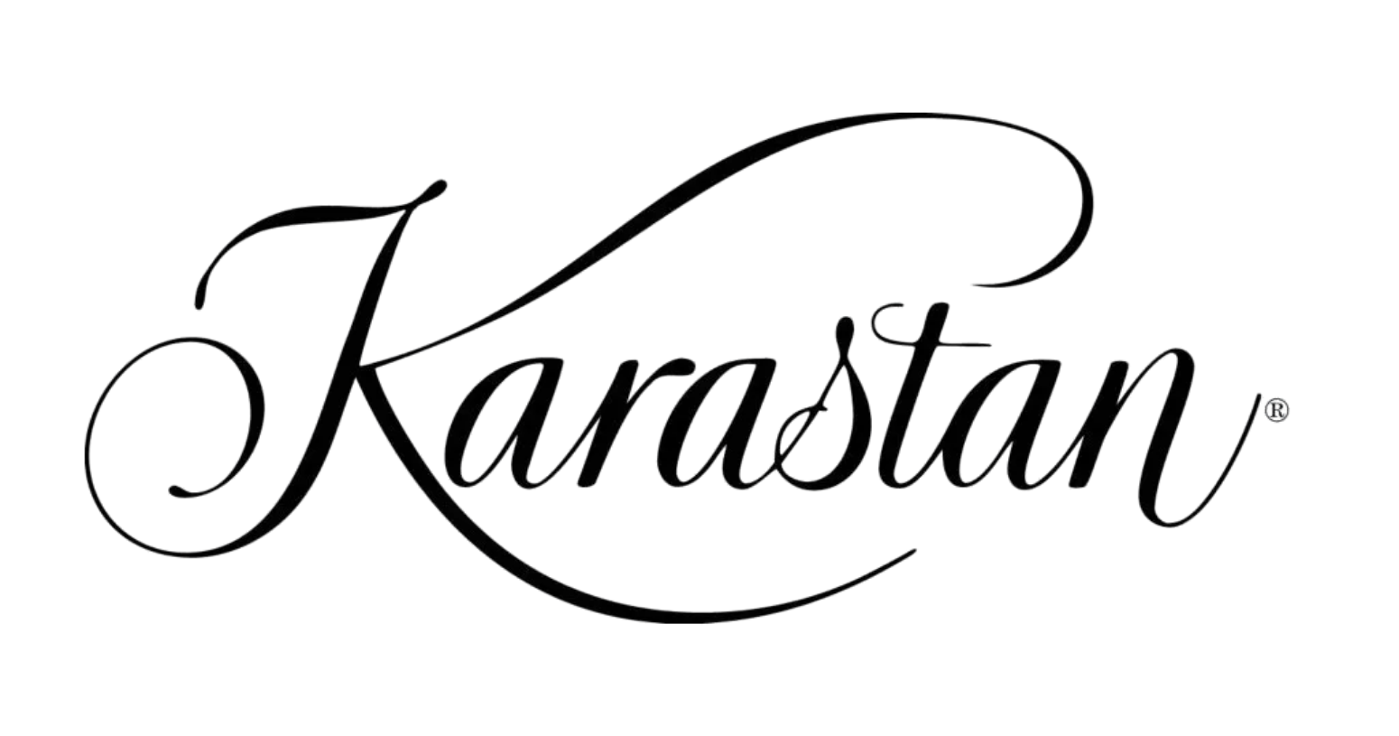 The image displays the word "Karastan" written in a black, cursive script font.